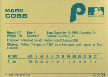 1988 Star Spartanburg Phillies #4 Mark Cobb Back