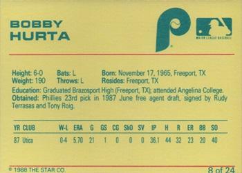 1988 Star Spartanburg Phillies #8 Bobby Hurta Back