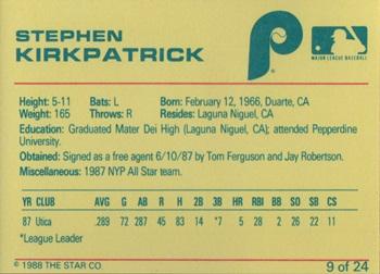 1988 Star Spartanburg Phillies #9 Stephen Kirkpatrick Back