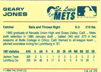 1988 Star St. Lucie Mets #14 Geary Jones Back