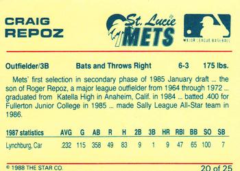1988 Star St. Lucie Mets #20 Craig Repoz Back