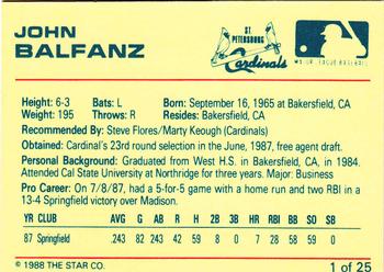 1988 Star St. Petersburg Cardinals #1 John Balfanz Back