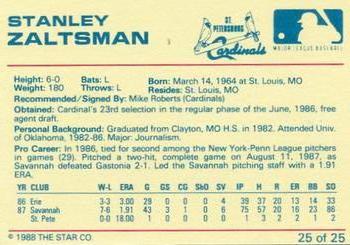 1988 Star St. Petersburg Cardinals #25 Stanley Zaltsman Back