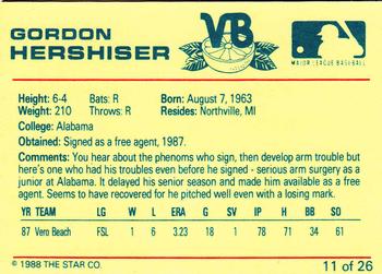 1988 Star Vero Beach Dodgers #11 Gordon Hershiser Back