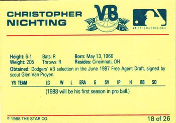 1988 Star Vero Beach Dodgers #27 Christopher Nichting Back
