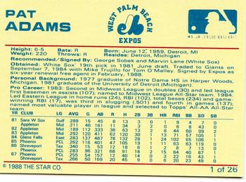 1988 Star West Palm Beach Expos #1 Pat Adams Back