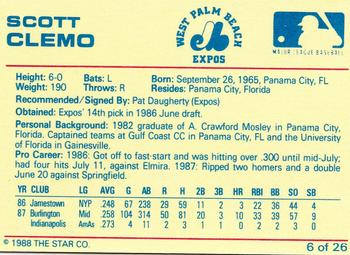 1988 Star West Palm Beach Expos #6 Scott Clemo Back