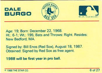 1988 Star Winter Haven Red Sox #6 Dale Burgo Back