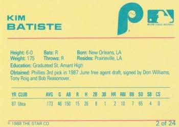 1988 Star Spartanburg Phillies - Blue #2 Kim Batiste Back