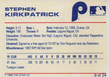 1988 Star Spartanburg Phillies - Blue #9 Stephen Kirkpatrick Back