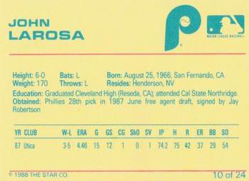 1988 Star Spartanburg Phillies - Blue #10 John Larosa Back