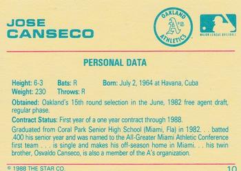 1989 Star Jose Canseco #10 Jose Canseco Back