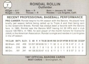 1987 Best Birmingham Barons #7 Rondal Rollin Back