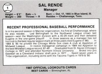 1987 Best Chattanooga Lookouts #1 Sal Rende Back
