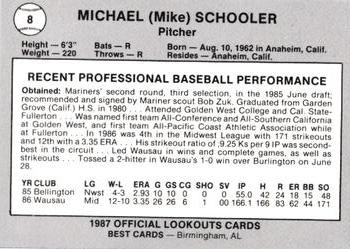 1987 Best Chattanooga Lookouts #8 Mike Schooler Back