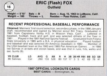 1987 Best Chattanooga Lookouts #16 Eric Fox Back