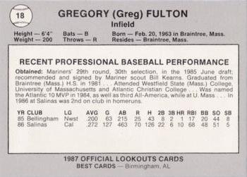1987 Best Chattanooga Lookouts #18 Greg Fulton Back