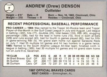 1987 Best Greenville Braves #7 Drew Denson Back