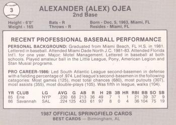 1987 Best Springfield Cardinals #3 Alexander Ojea Back