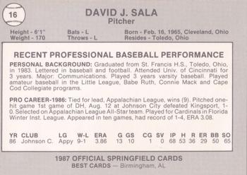 1987 Best Springfield Cardinals #16 David J. Sala Back