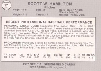 1987 Best Springfield Cardinals #17 Scott W. Hamilton Back