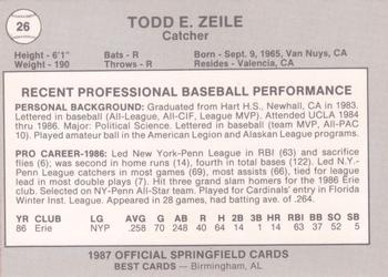 1987 Best Springfield Cardinals #26 Todd Zeile Back