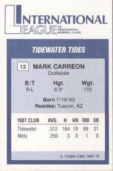 1987 TCMA International League All-Stars #12 Mark Carreon Back