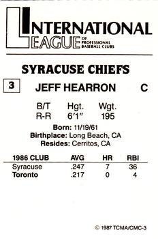 1987 TCMA Syracuse Chiefs #3 Jeff Hearron Back