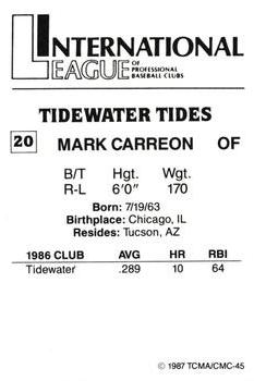 1987 TCMA Tidewater Tides #20 Mark Carreon Back