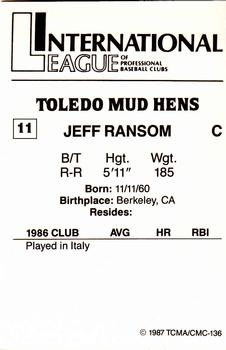 1987 TCMA Toledo Mud Hens #11 Jeff Ransom Back