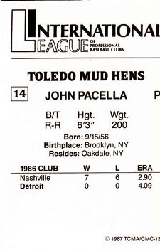 1987 TCMA Toledo Mud Hens #14 John Pacella Back
