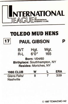 1987 TCMA Toledo Mud Hens #17 Paul Gibson Back