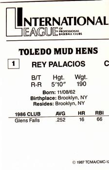 1987 TCMA Toledo Mud Hens #1 Rey Palacios Back