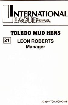 1987 TCMA Toledo Mud Hens #21 Leon Roberts Back