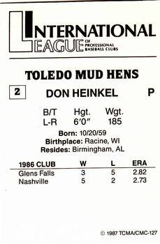 1987 TCMA Toledo Mud Hens #2 Don Heinkel Back