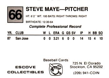 1988 Cal League #66 Steve Maye Back