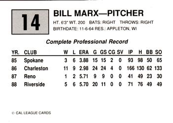 1989 Cal League #14 Bill Marx Back