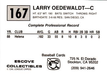 1989 Cal League #167 Larry Oedewaldt Back