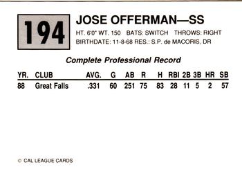 1989 Cal League #194 Jose Offerman Back