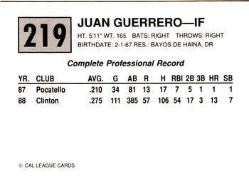 1989 Cal League #219 Juan Guerrero Back