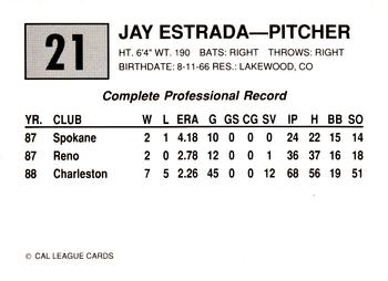 1989 Cal League #21 Jay Estrada Back