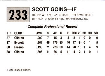 1989 Cal League #233 Scott Goins Back