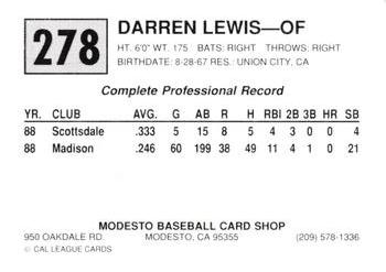 1989 Cal League #278 Darren Lewis Back