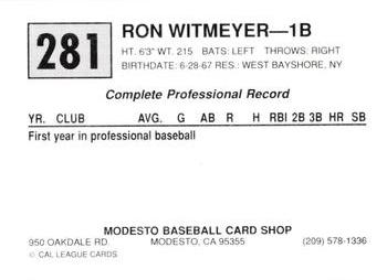 1989 Cal League #281 Ron Witmeyer Back