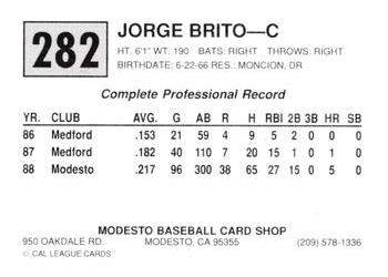 1989 Cal League #282 Jorge Brito Back