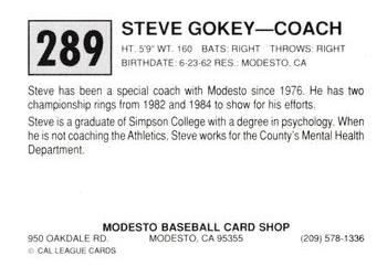 1989 Cal League #289 Steve Gokey Back