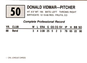 1989 Cal League #50 Donald Vidmar Back
