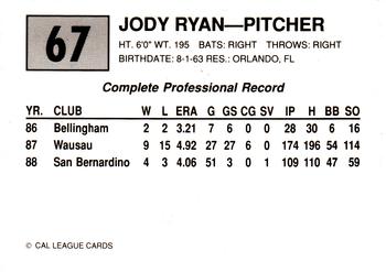 1989 Cal League #67 Jody Ryan Back