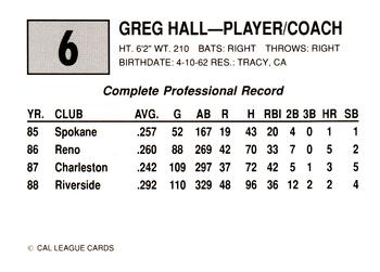 1989 Cal League #6 Greg Hall Back