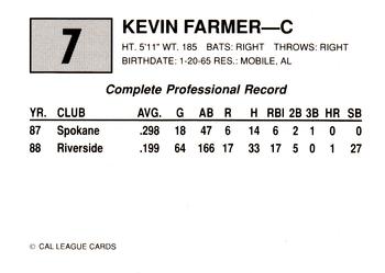 1989 Cal League #7 Kevin Farmer Back